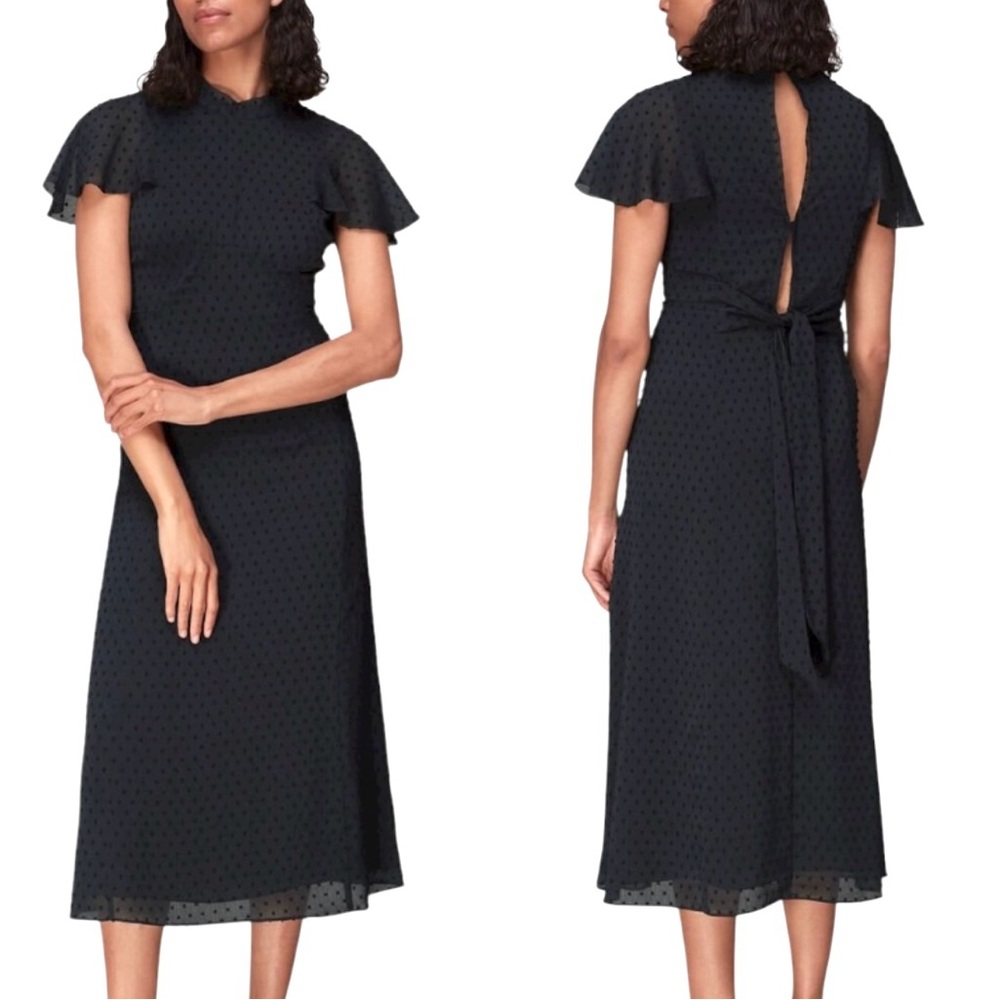 NWT Whistles Elouise Dark Navy Blue Swiss Dot Tie Waist Dobby Midi Maxi Dress 8